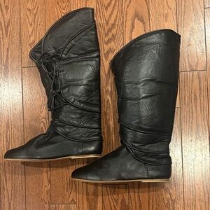 Black Leather Women's Lace up Knee-High Boots